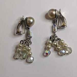 Vintage Lewis Segal Clip-On AB Crystal Dangle Earrings Simulated‎ Pearl